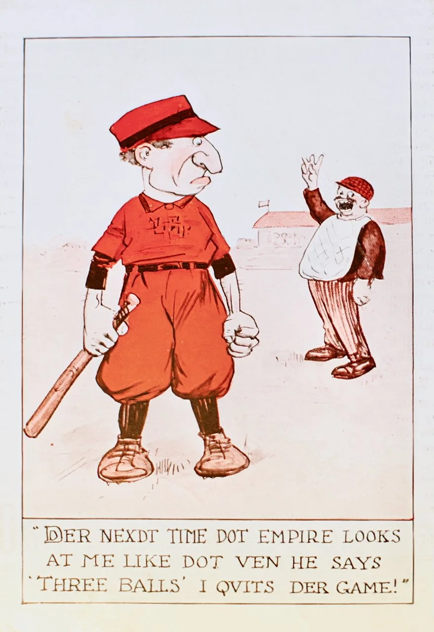 A cartoon illustration of a baseball player in a red uniform holding a bat looks displeased, while a laughing spectator in a cap and striped pants raises his hand.
