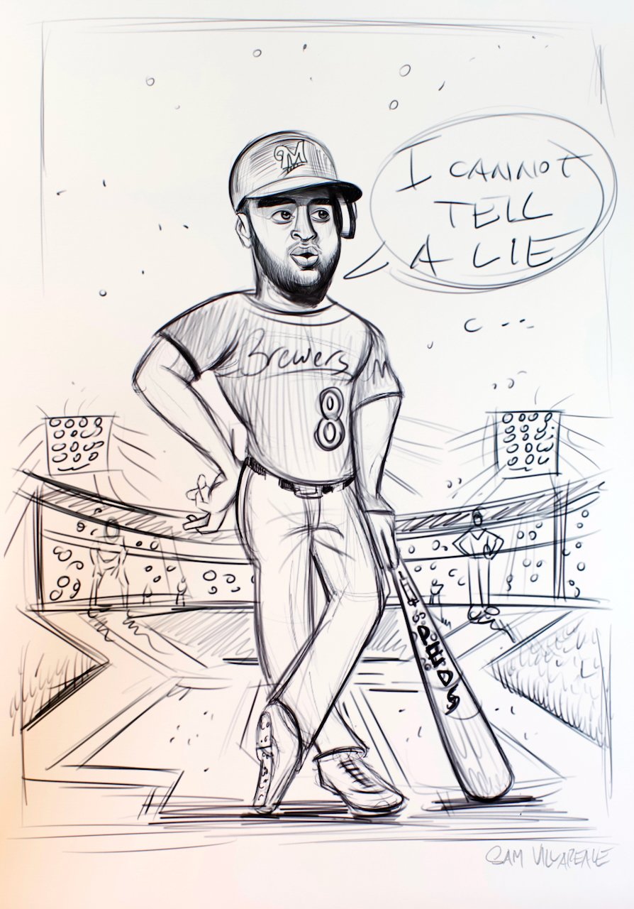 A sketch of a baseball player in a stadium, holding a bat, with a speech bubble saying 'I cannot tell a lie'.