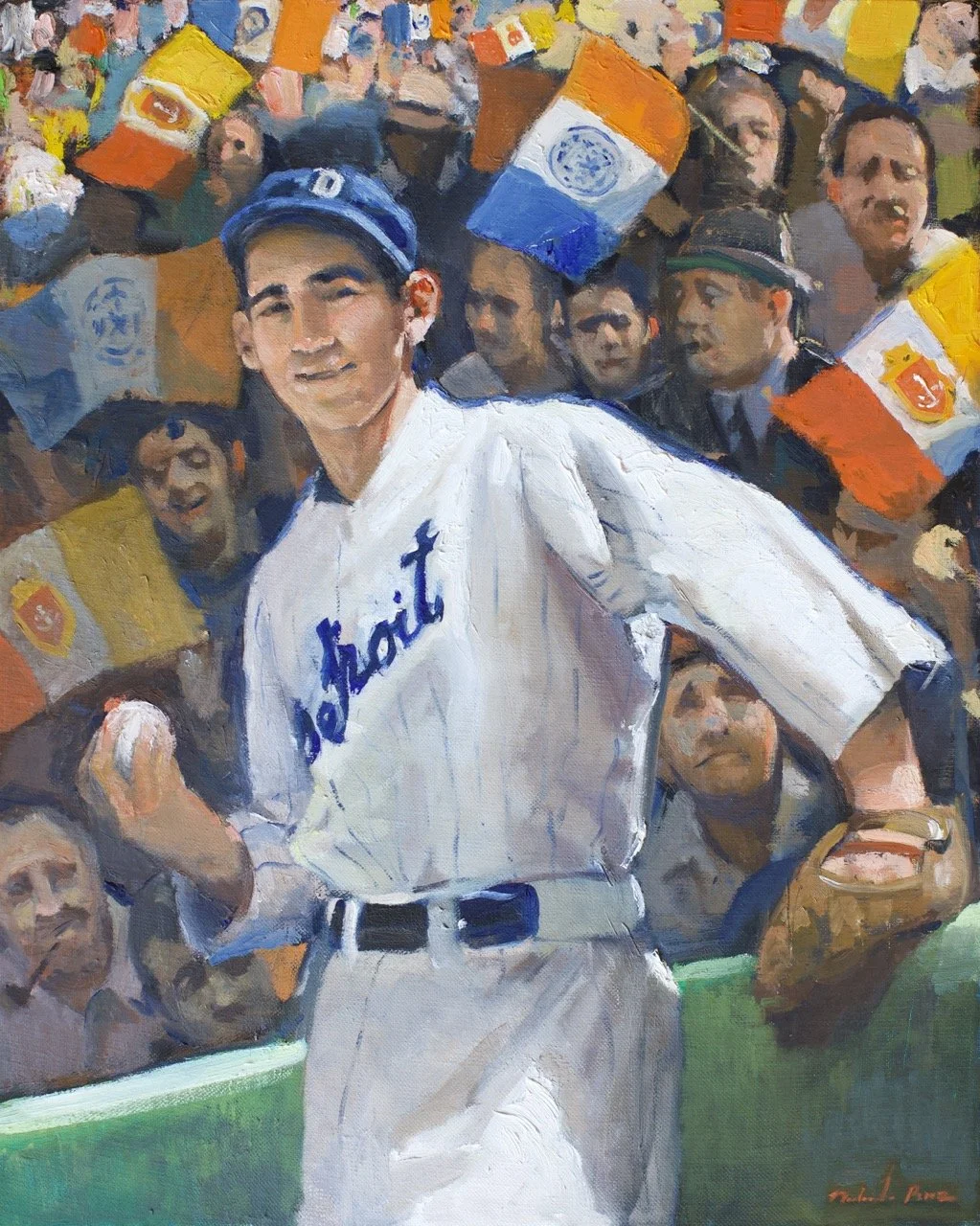 A baseball player in a white uniform with blue lettering poses in front of a crowd holding flags. The crowd appears excited and is holding up small flags of different countries, including India and the Philippines.