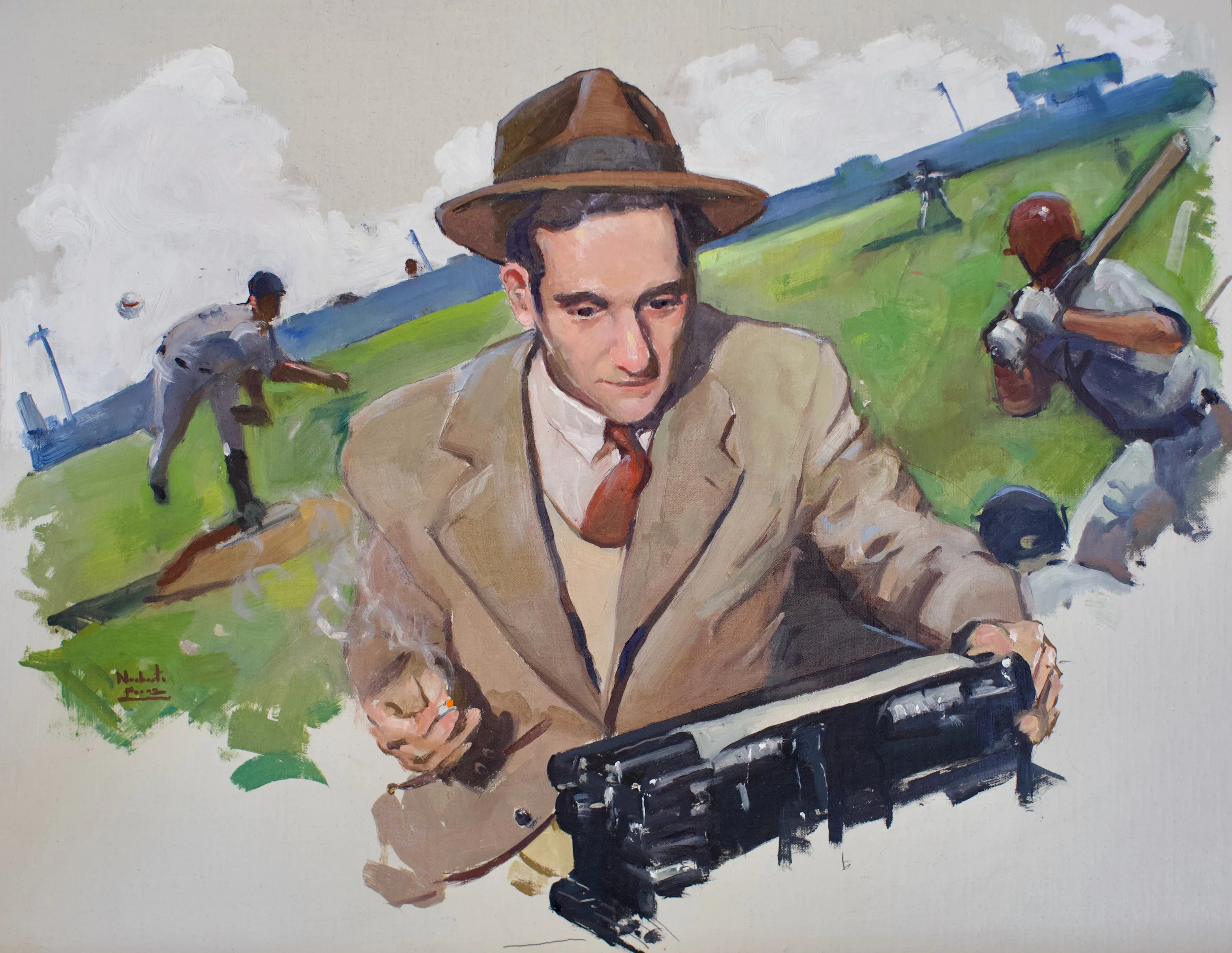 Painting of a man with dark hair and suit holding a camera, with soldiers and a military vehicle in the background.