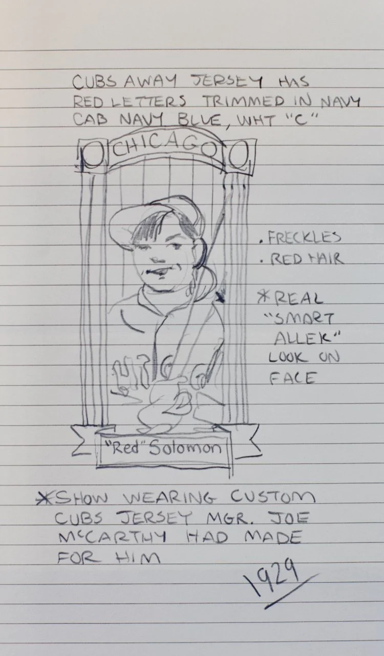 Handwritten sketch of a person with a jacket and red hair, wearing a cap with 'CHICAGO' above the head, and a badge reading 'Red Solomon'. Notes mention a Cubs jersey with navy blue trim, freckles, and a 'smart alek' look. The drawing is on lined paper with some annotations about the attire and appearance.