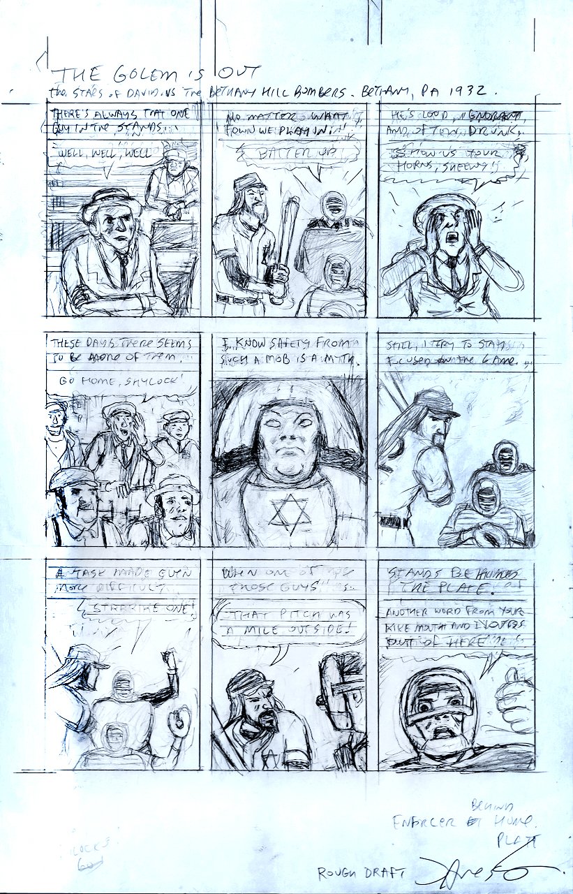 A hand-drawn comic storyboard titled 'The Golem's Shot,' set in Bethel, PA, 1932, depicting scenes of a group of people, a man with a gun, and a woman with a Star of David on her chest, in a tense and dramatic storyline.