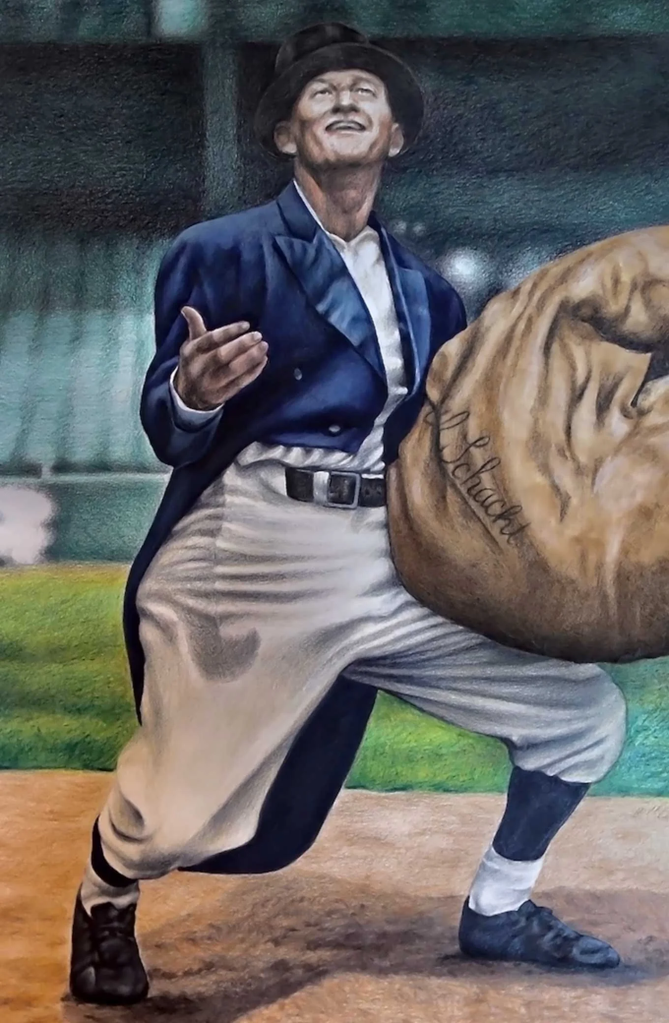 Painting of a man in vintage clothing, wearing a dark hat and a blue coat, holding a large object, possibly a ball, with the name 'J. Shaugh'.