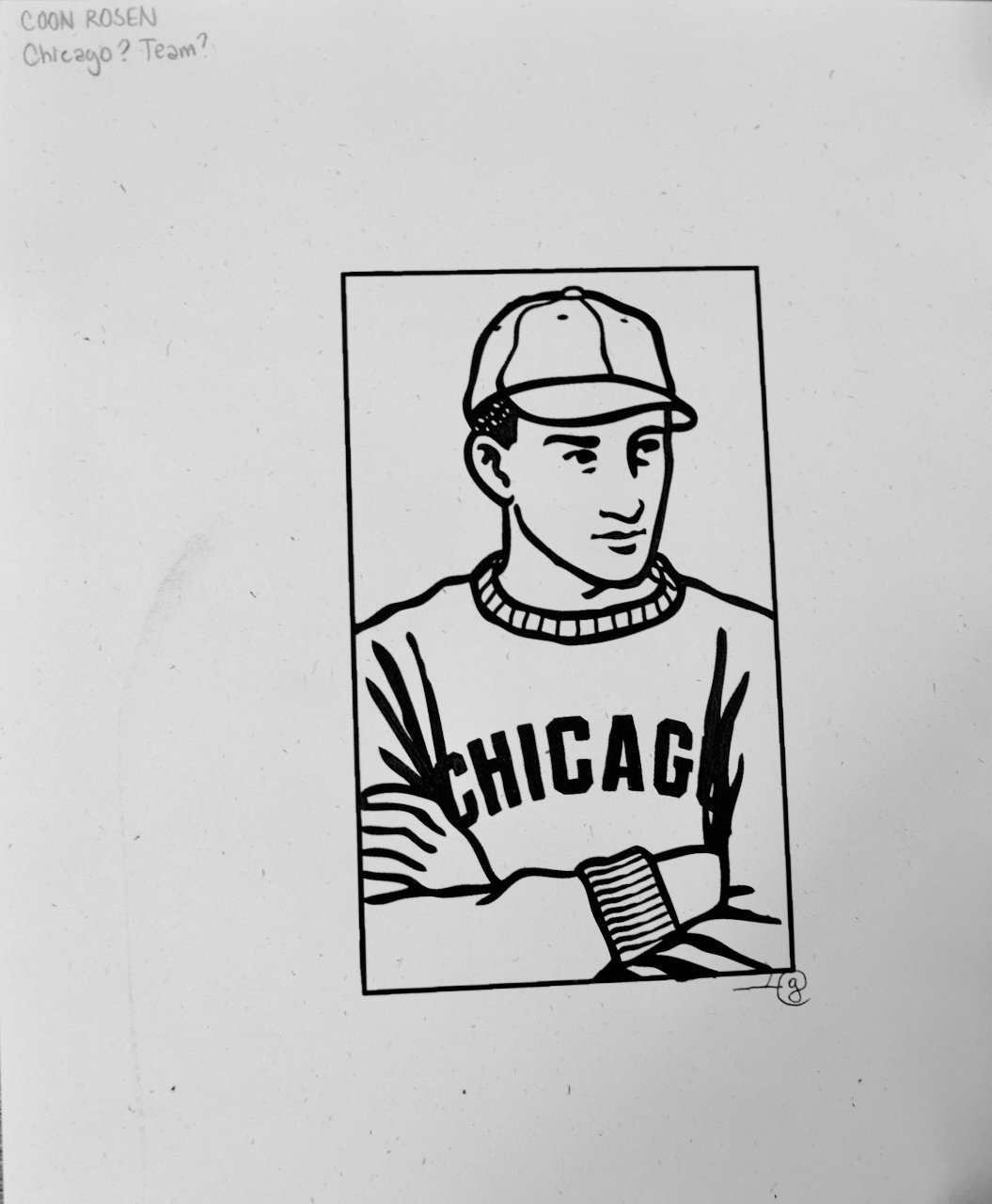 Black and white line drawing of a young man wearing a baseball cap and a sweatshirt with the word 'Chicago' on it, inside a rectangular border.