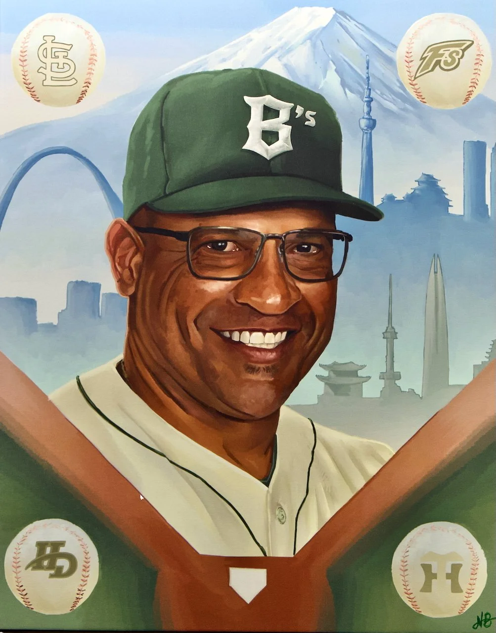 Painting of a smiling African American man in a St. Louis Cardinals baseball jersey and cap, with a cityscape of St. Louis and the Gateway Arch in the background, and baseballs with team logos.