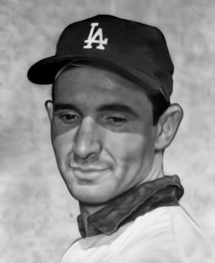 Black-and-white portrait illustration of Sandy Koufax wearing a Los Angeles Dodgers cap.