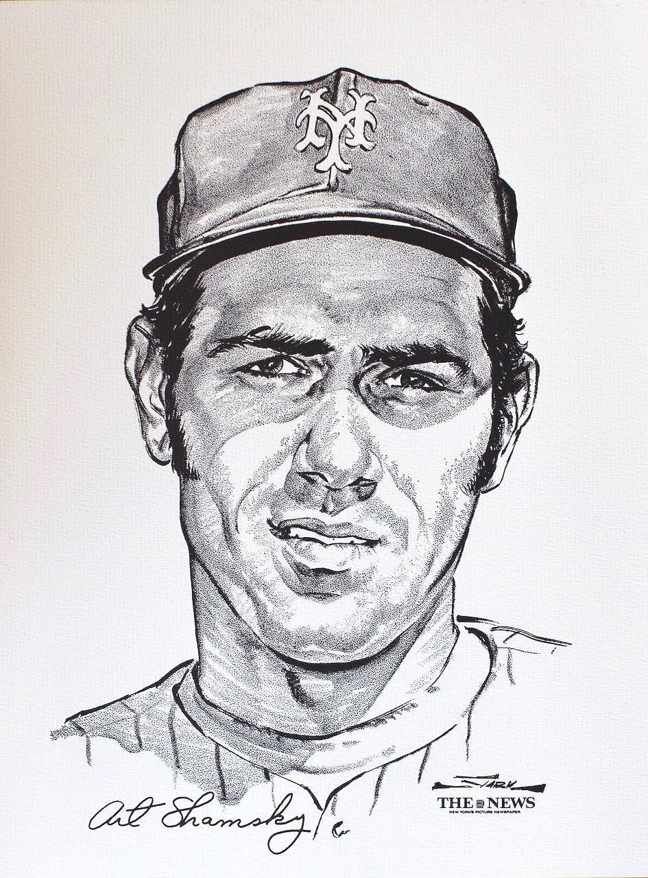 Black and white sketch of a baseball player wearing a cap with a New York Mets logo, with a serious expression.