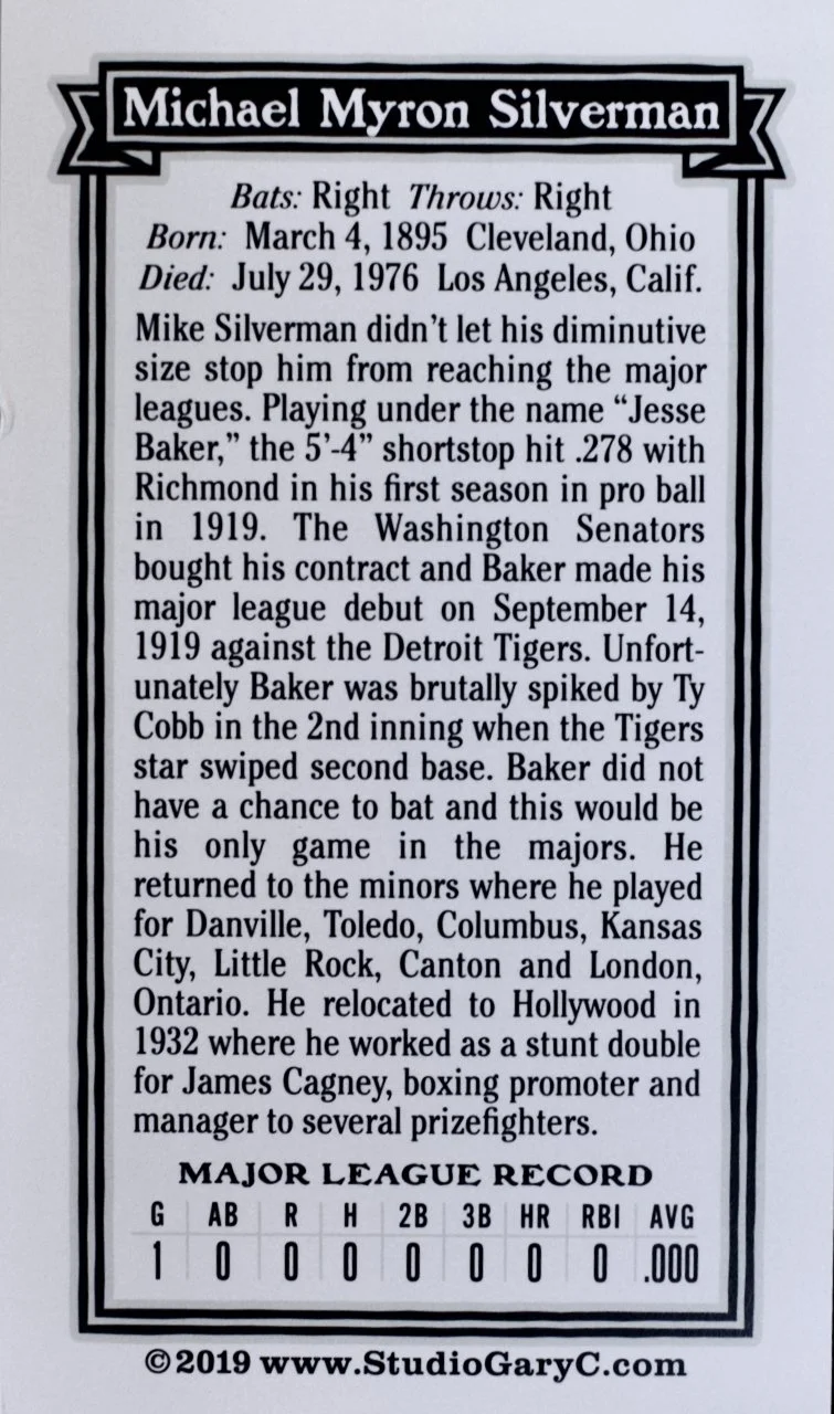Biographical card for Michael Myron Silverman, a baseball player, detailing his stats, career, and personal history.