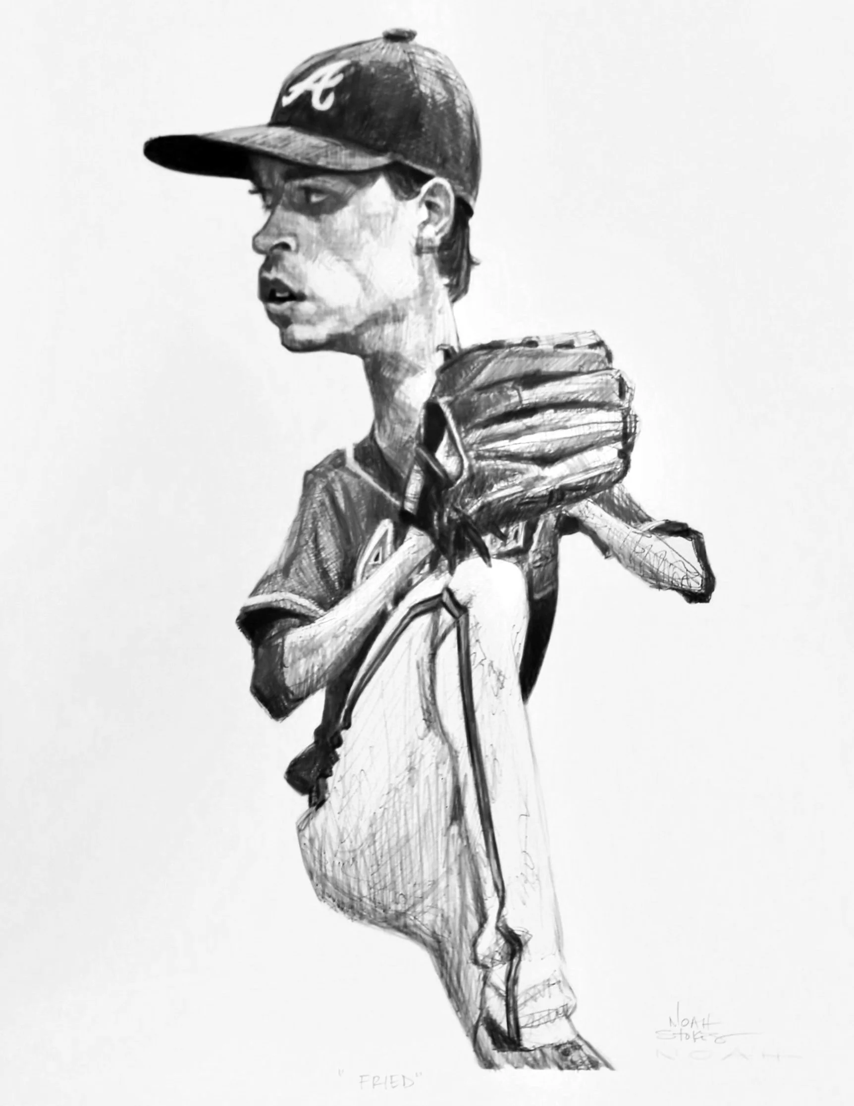Black and white sketch of a young man with a baseball cap turned backwards, hoodie, holding a baseball bat, looking to the side.