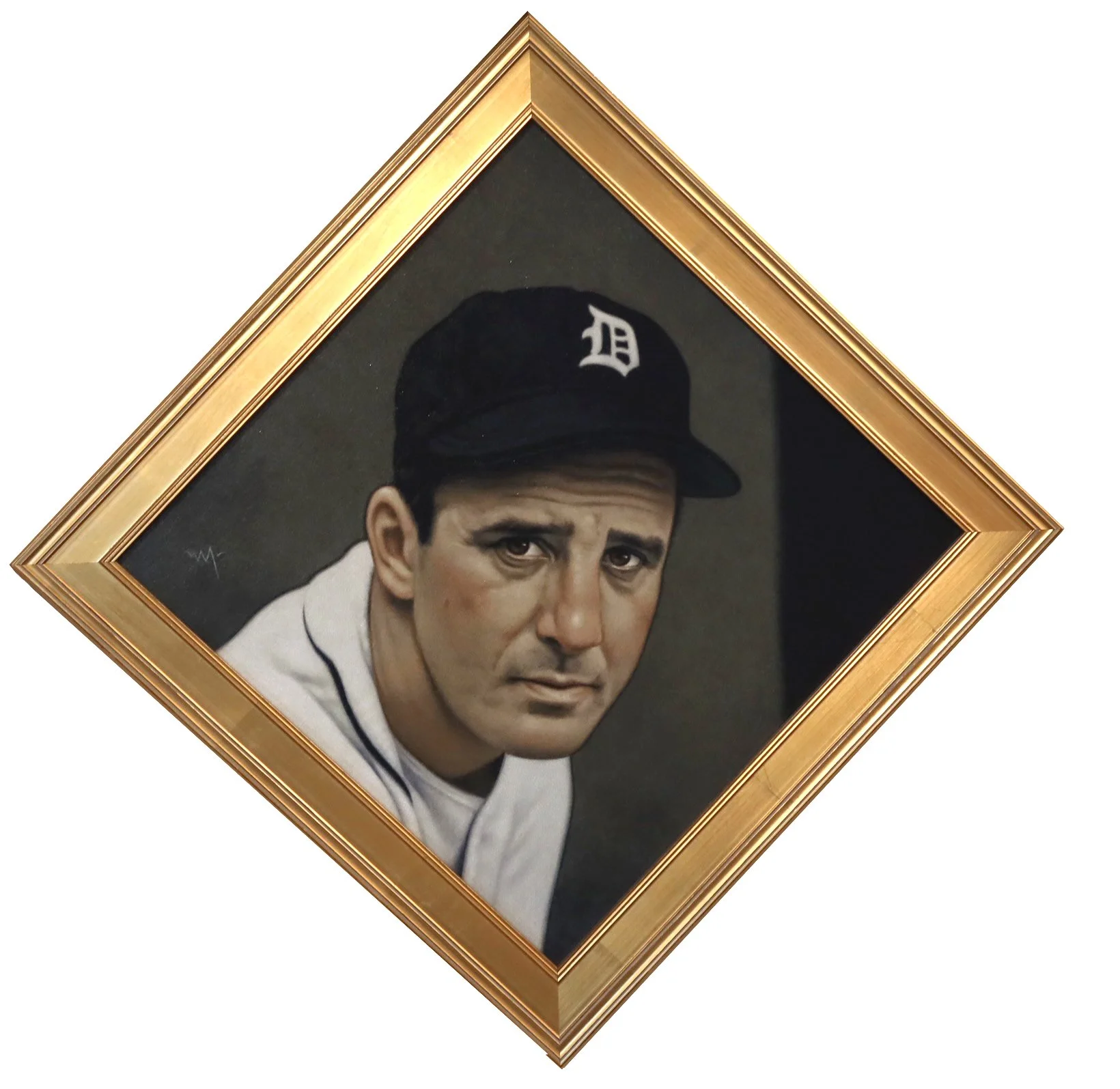 Portrait of a man wearing a Black Detroit Tigers baseball cap, with a serious expression, in a gold-colored frame.