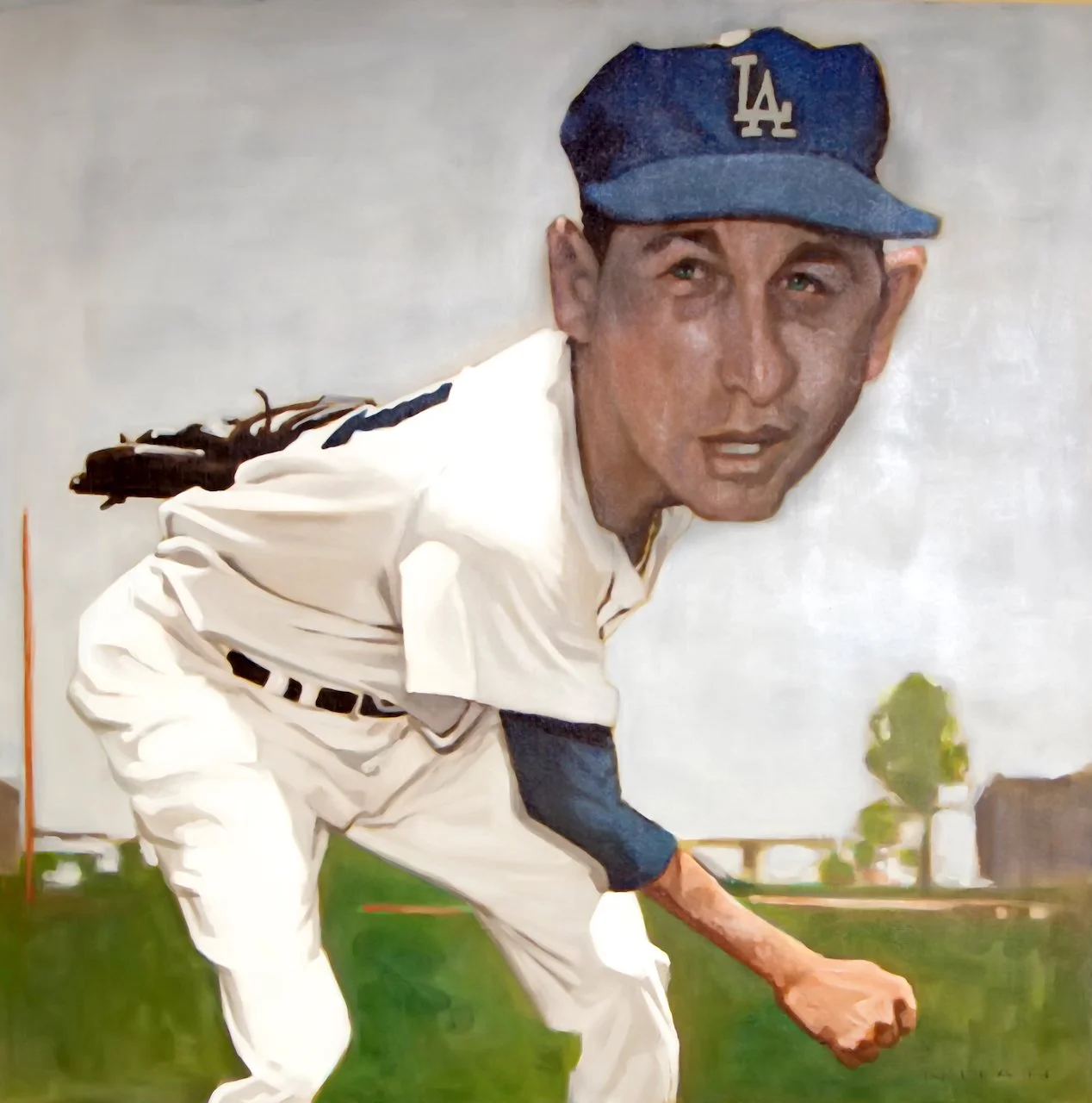 Painting of a baseball player in a white uniform with a blue LA cap, standing on a grassy field with trees and buildings in the background.