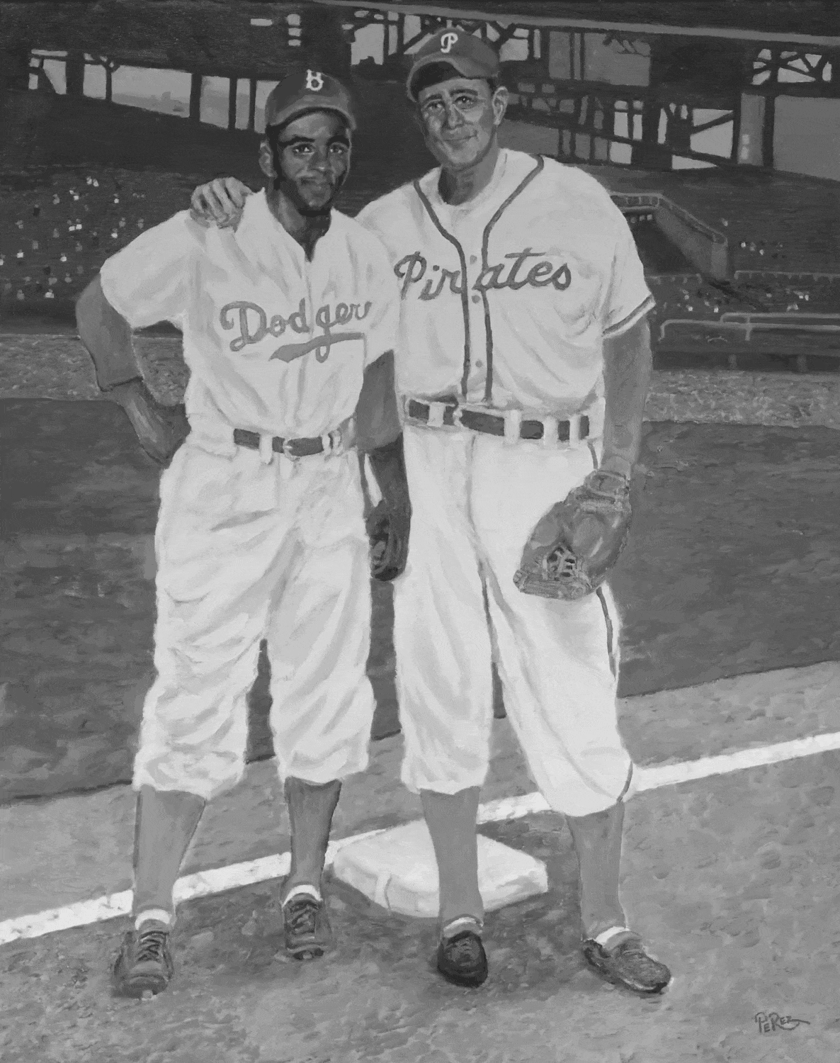 Painting of Jackie Robinson in a Dodgers uniform and Hank Greenberg in a Pirates uniform standing together on a baseball field.