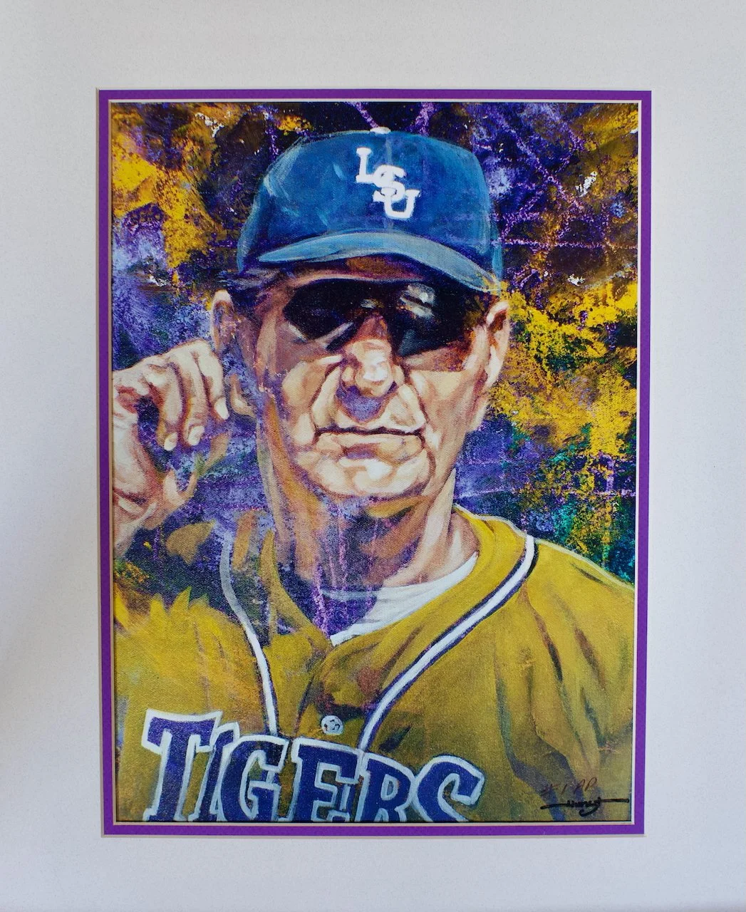 Painting of a man wearing a baseball cap with 'LSU' on it, sunglasses, and a yellow jersey with 'TIGERS' written on it, adjusting his cap against a colorful abstract background.