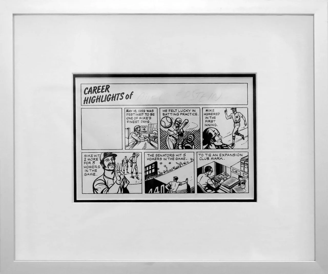 Black and white comic strip titled 'Career Highlights' with six panels depicting a baseball player's achievements, including hitting home runs and being honored in the first inning, with scenes of practice, game, and a person reading a book at a desk.