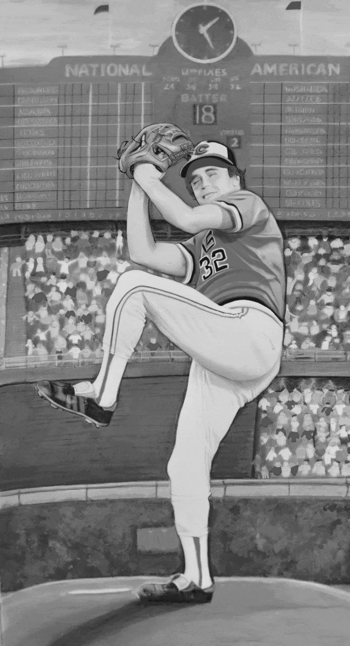 Black-and-white illustration of a San Francisco Giants pitcher wearing number 32, winding up on the mound in front of a scoreboard.