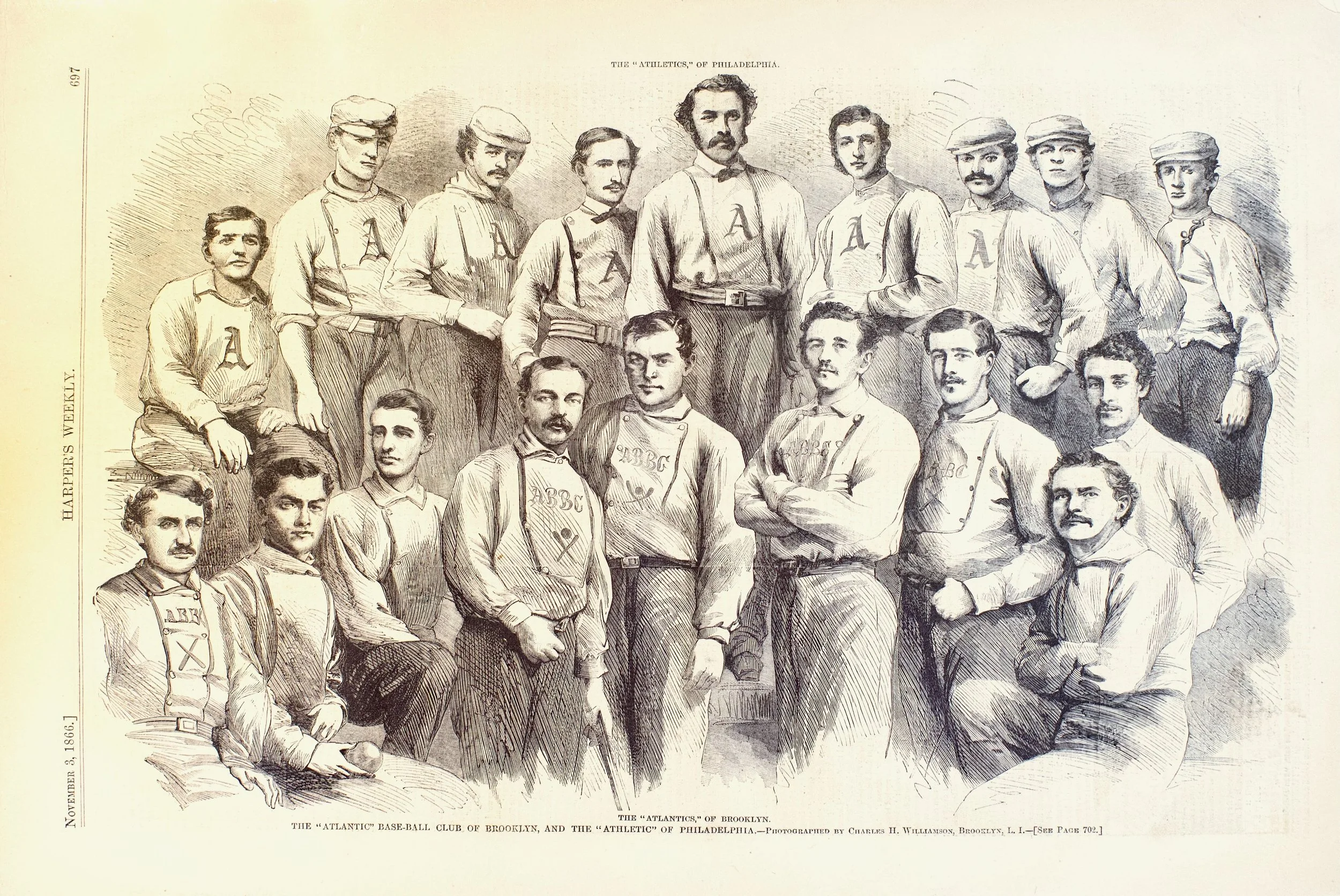 Black and white illustration of a baseball team from Brooklyn, with players in uniforms, some standing and some sitting, possibly from the 19th or early 20th century.