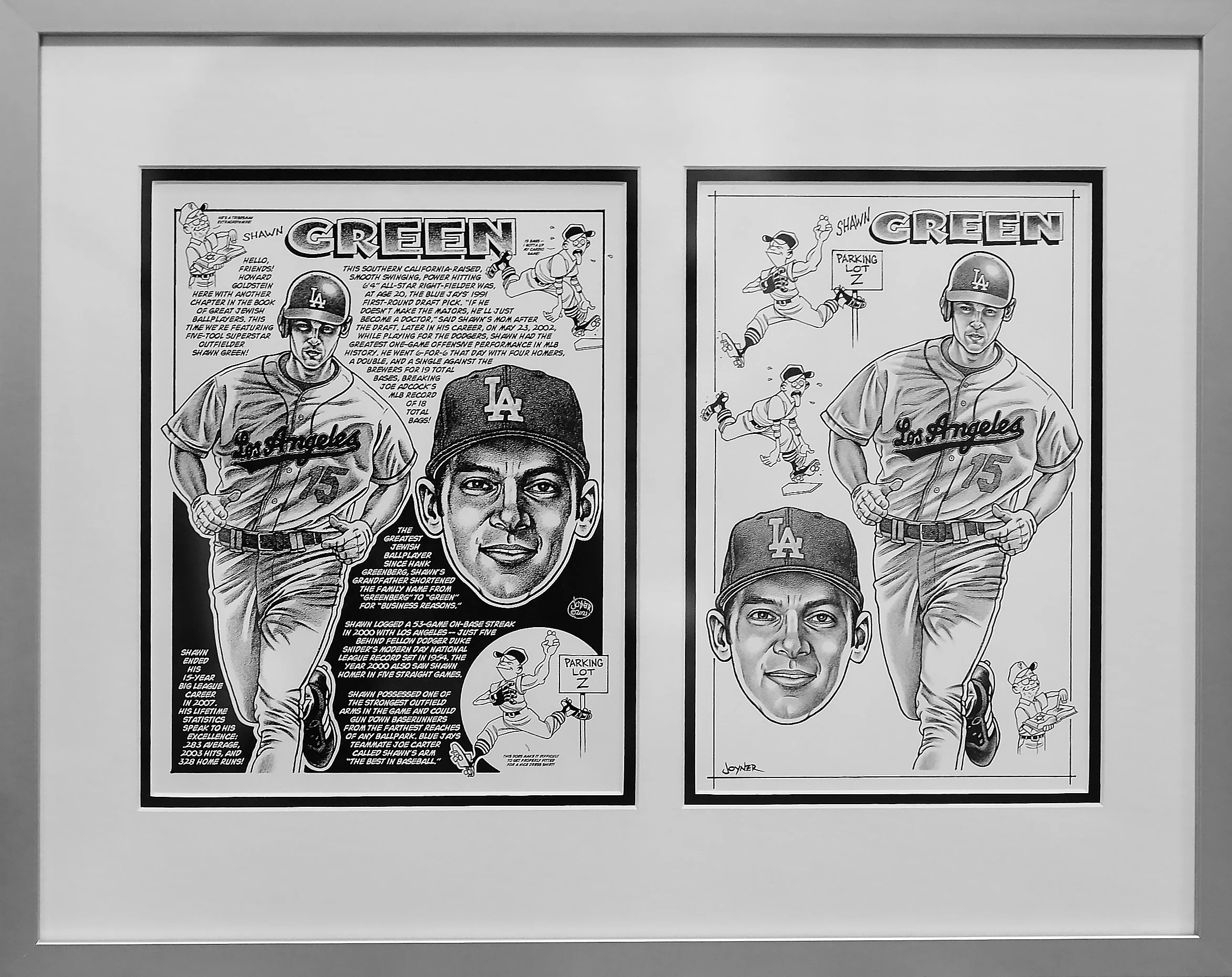 A framed black and white infographic about Los Angeles baseball player Shawn Green, featuring illustrations and text highlighting his achievements.