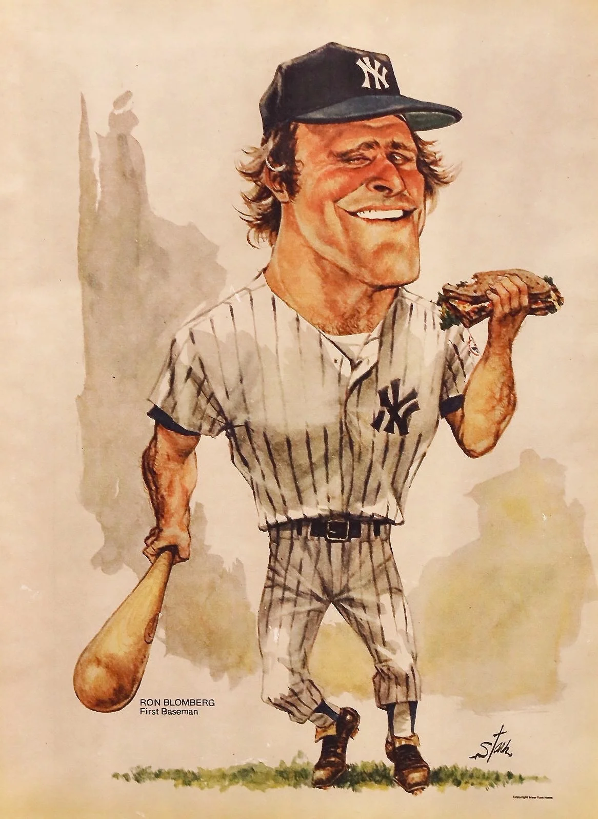 A caricature of a baseball player wearing a New York Yankees uniform, holding a baseball bat in one hand and a sandwich in the other, with a playful expression on his face.
