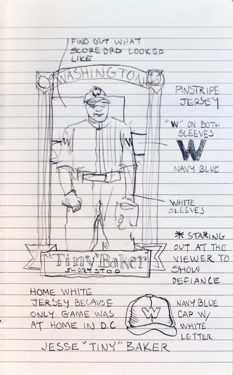 Hand-drawn sketch of a person wearing a Washington baseball jersey with a 'W' on the sleeves and a navy blue cap with a white letter. The sketch includes annotations about the jersey and cap design, and notes about the person's appearance and the draw's context, referencing a home game in Washington, D.C.