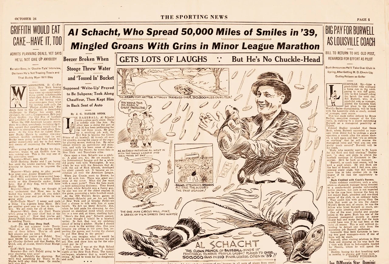 A vintage newspaper page featuring a cartoon illustration of Al Schacht, smiling, with a hat. Several smaller comic-style illustrations are also on the page, including people, animals, and scenes. Headlines and articles are visible around the drawings.