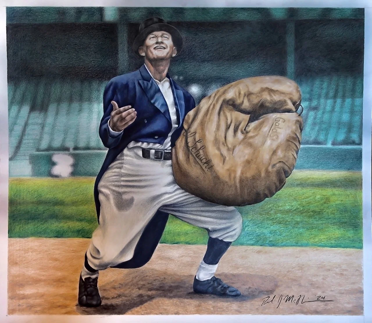 Historical painting of baseball player with exaggerated muscular torso, wearing vintage uniform and holding an oversized glove.