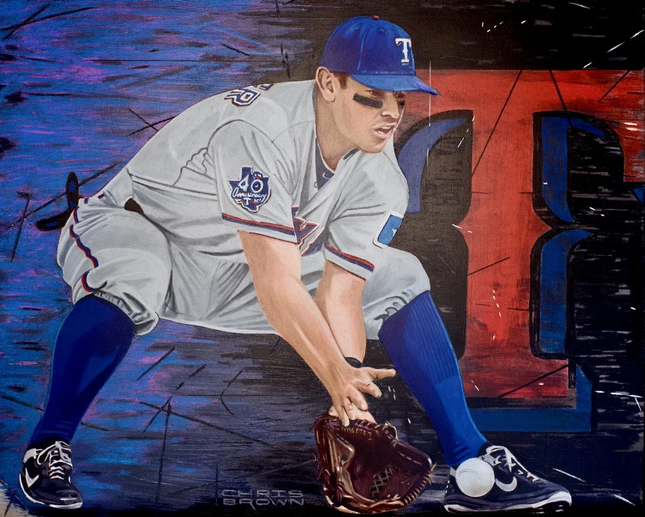 Painting of a baseball player in a gray uniform, blue cap, and black eye black, crouching to catch a baseball with his glove, with a background featuring abstract blue and red colors.