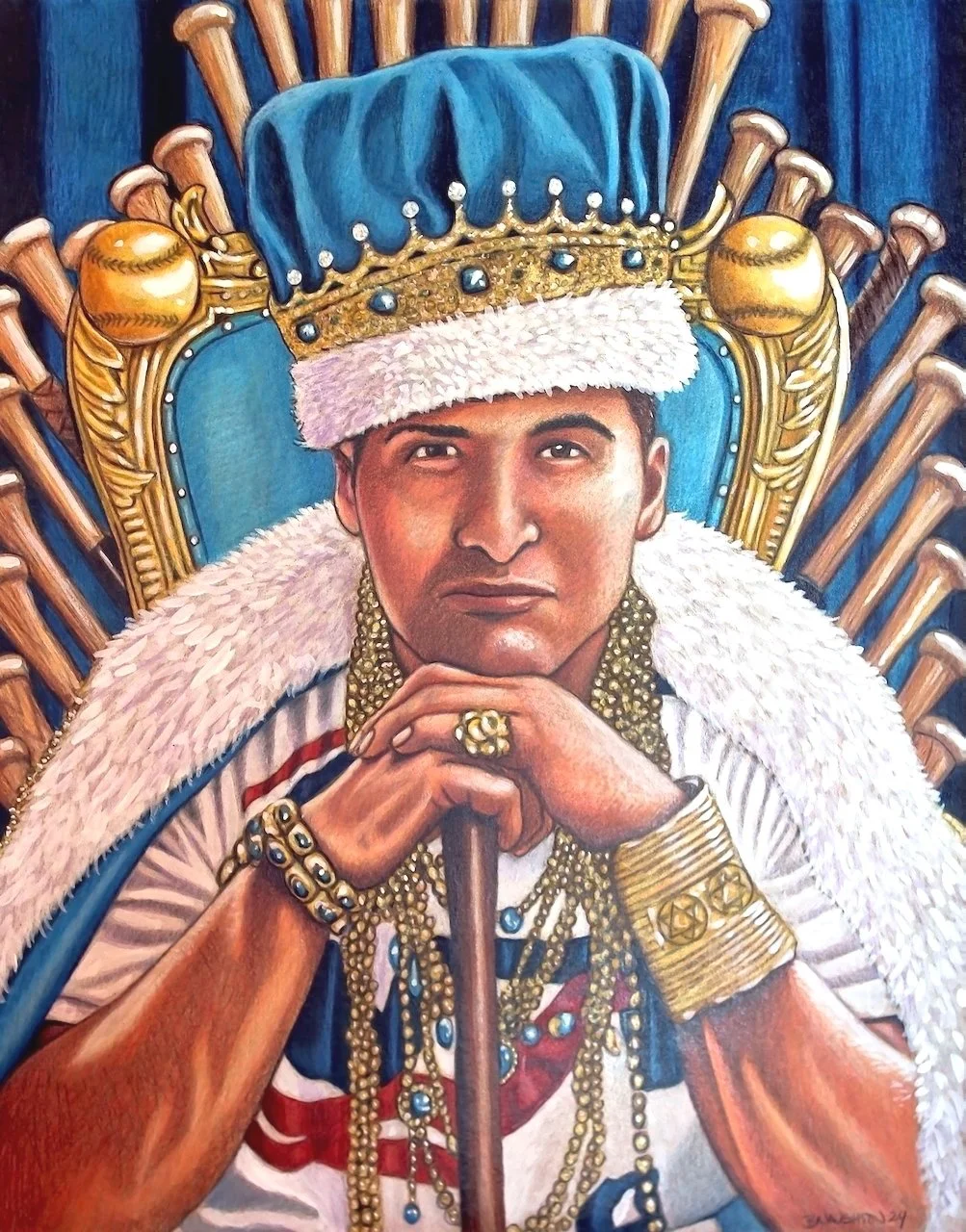 Portrait of a man dressed as a king with a crown, sitting on a throne decorated with gold and intricate details, surrounded by a large array of swords.
