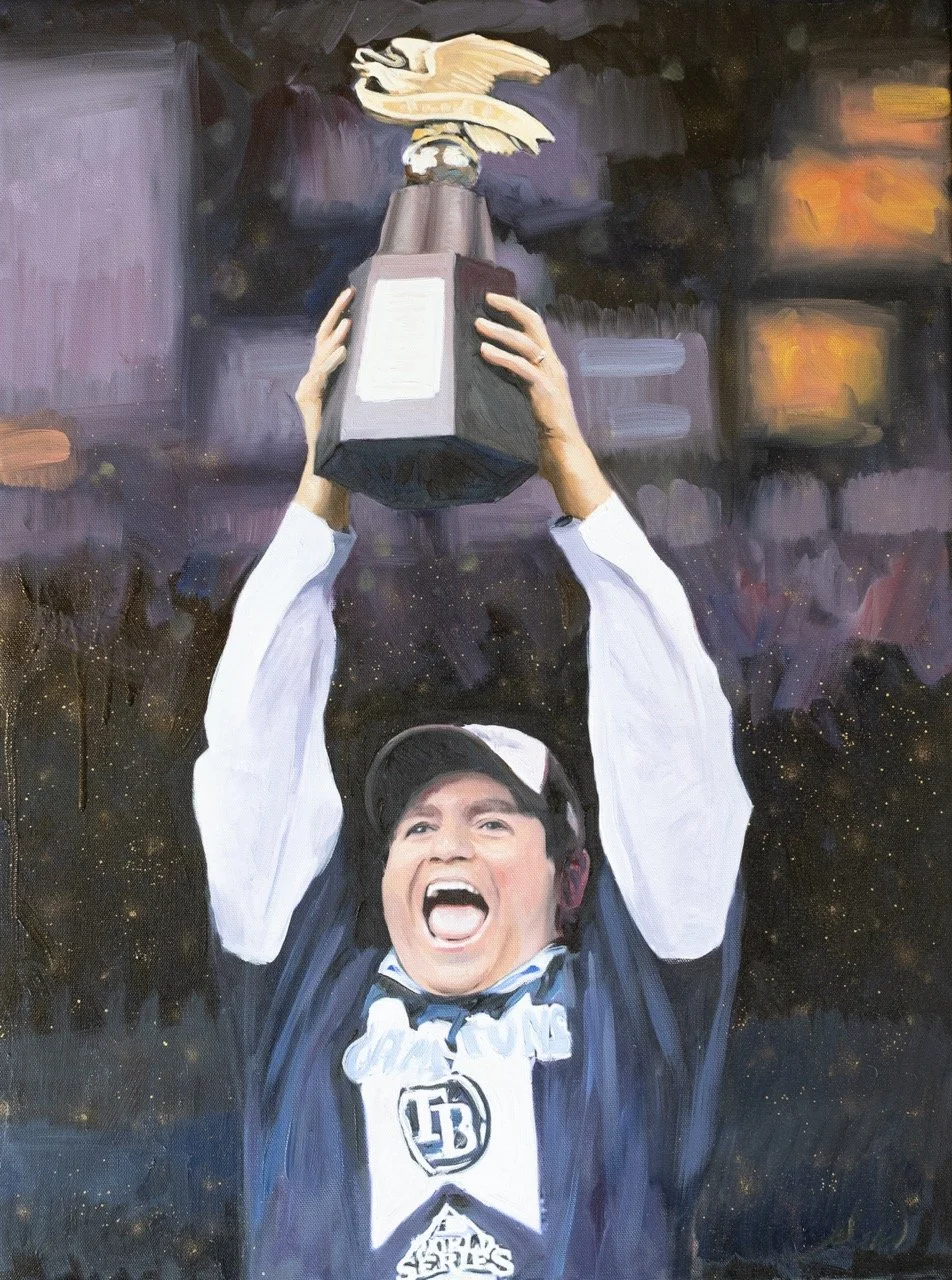 Painting of a woman in a hockey jersey holding a trophy above her head, celebrating. The background is dark with abstract colors.