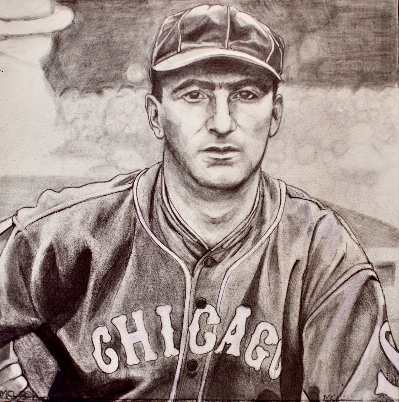 A detailed pencil sketch of a man in a Chicago baseball jersey and cap.