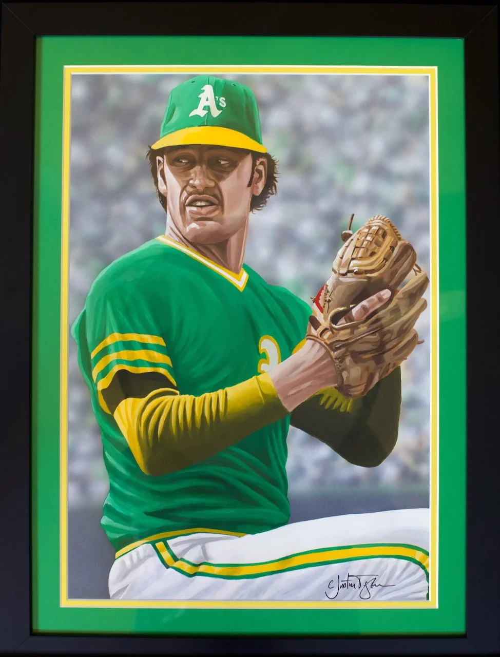 This is a painting of a baseball player in a green and yellow Oakland Athletics uniform, wearing a cap and holding a baseball glove, with a blurred crowd in the background.