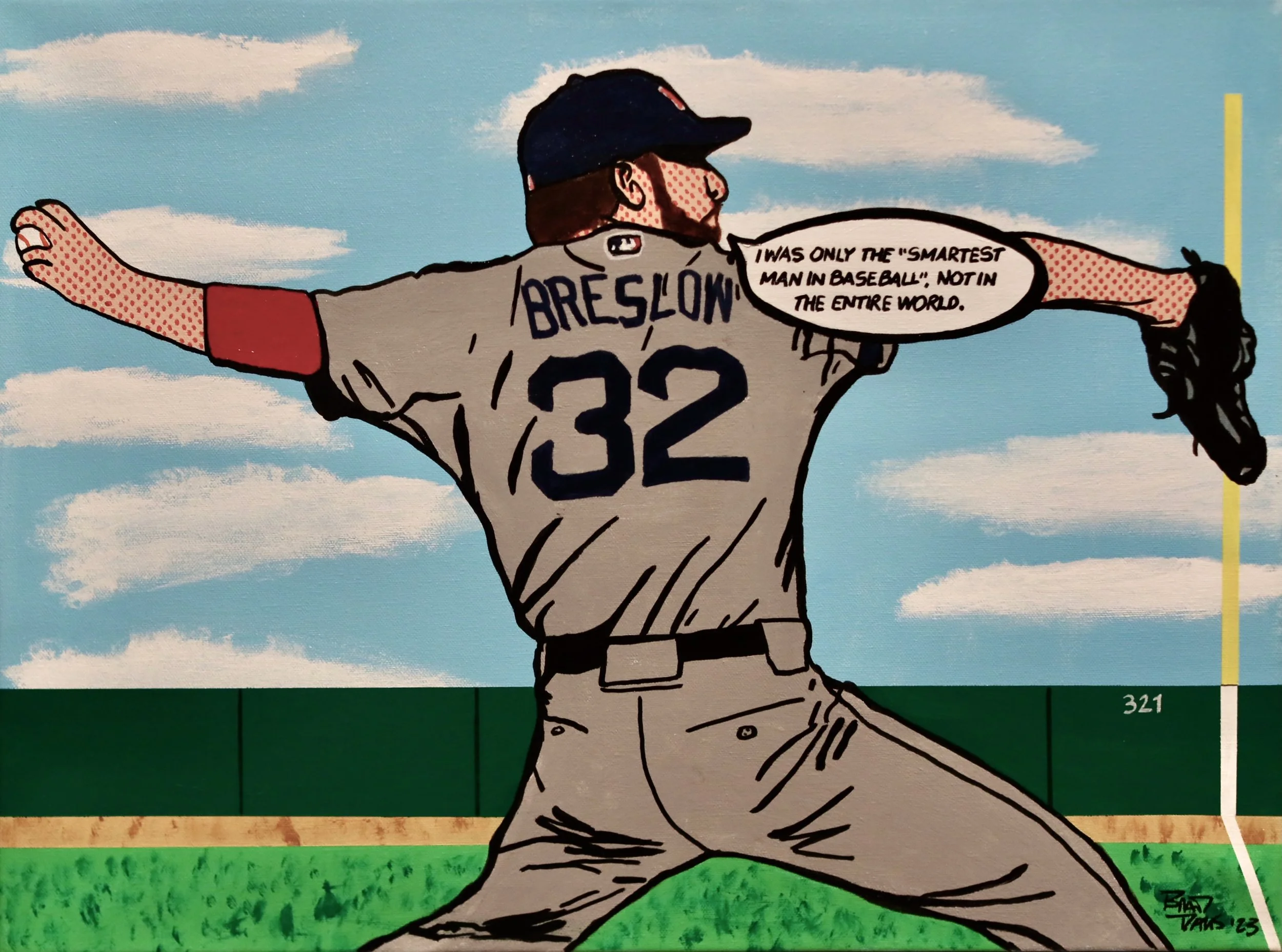 A cartoon-style drawing of a man wearing a gray baseball jersey with the name 'BRESLON' and the number '32' on the back, with arms outstretched and head turned to the side, against a background of blue sky with white clouds and a green field.