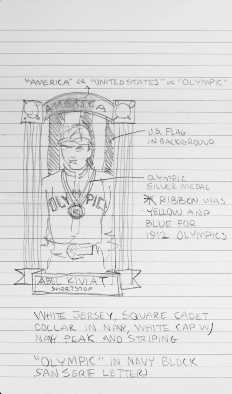 Hand-drawn sketch of a young girl named Abel Kivat, a shortstop, wearing a white jersey with navy blue accents, a white cap with a navy peak and striping, and a gold and blue ribbon with an Olympic silver medal. The background includes a U.S. flag. The sketch notes her participation in the 1912 Olympics and references her medals and attire.