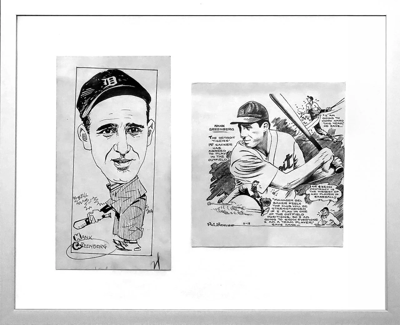 Black and white caricature of Hank Greenberg, a baseball player, holding a bat in a batting stance, with his name written below, and a comic strip featuring Greenberg in a baseball game, with dialogue about his salary and playing conditions.