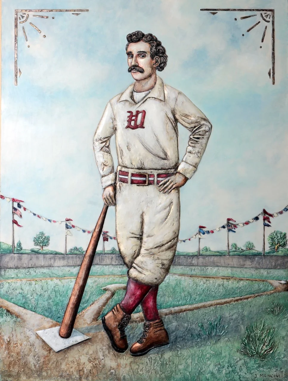 A mural of a baseball player standing outdoors with a baseball bat resting on the ground. The player is wearing vintage baseball uniform with a large 'D' on the chest, brown boots, red stockings, and is standing on a grassy area with a baseball field in the background. Decorative bunting and trees are in the background.