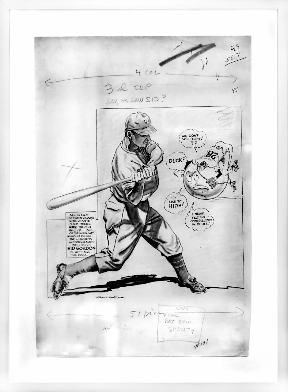 A vintage black and white illustration of a baseball player standing with a bat, accompanied by animated speech bubbles and notes, depicting a comic style scene.