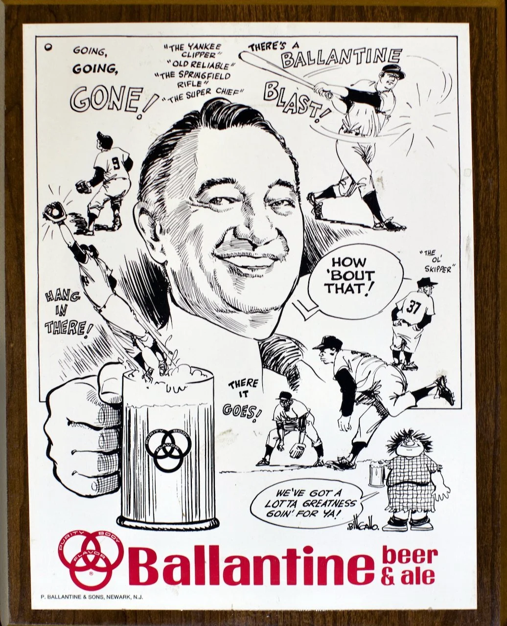 Vintage advertisement featuring a humorous cartoon scene of baseball players and a man with a large smiling face, promoting Ballantine beer and ale.