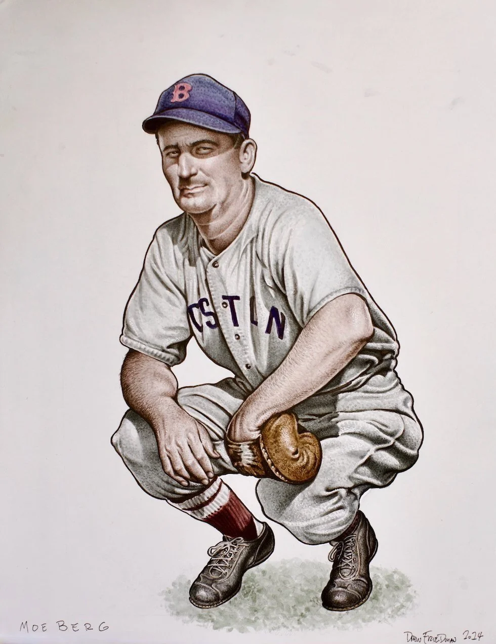 Color drawing of a baseball player in a crouching position, wearing a gray uniform with purple lettering, a blue cap with a red 'B,' and holding a brown baseball glove, signature at the bottom left and right.