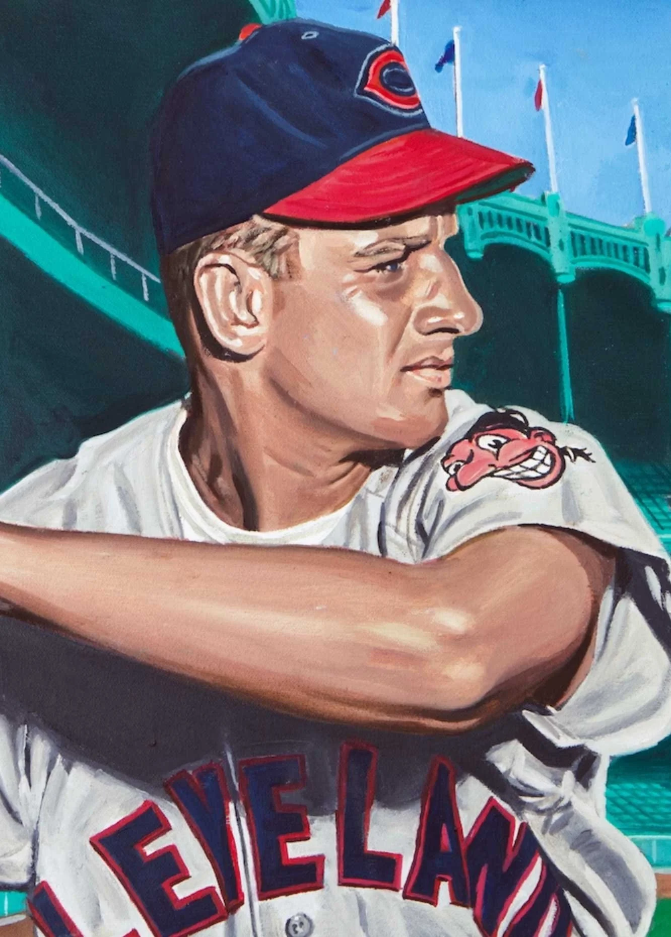 Painting of a man wearing a New York Yankees baseball uniform and cap, with a bridge and flags in the background.
