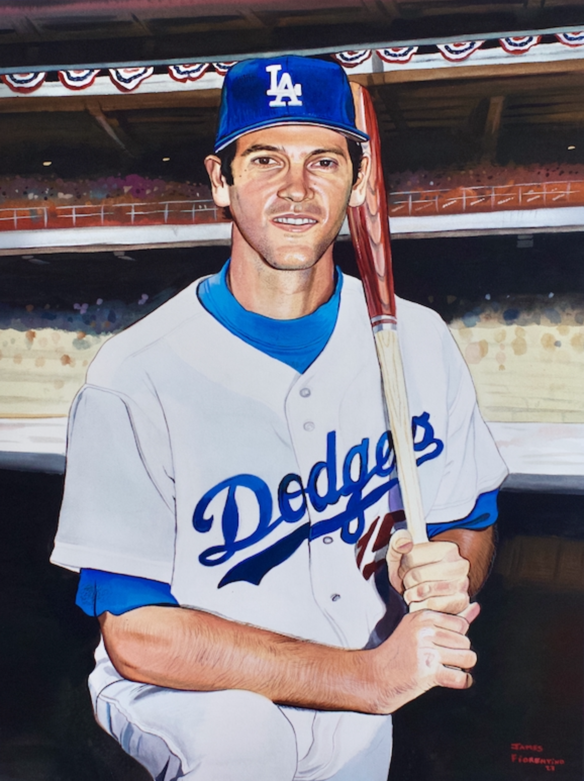 Painting of a baseball player in a Dodgers uniform holding a baseball bat, standing in a stadium with patriotic bunting.