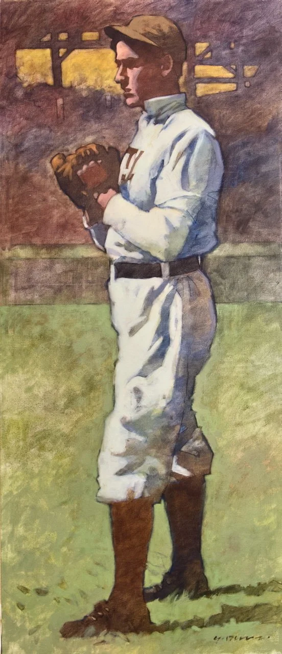 Painting of a baseball player in uniform holding a glove, standing on a grassy field with a fence and sunset sky in the background.