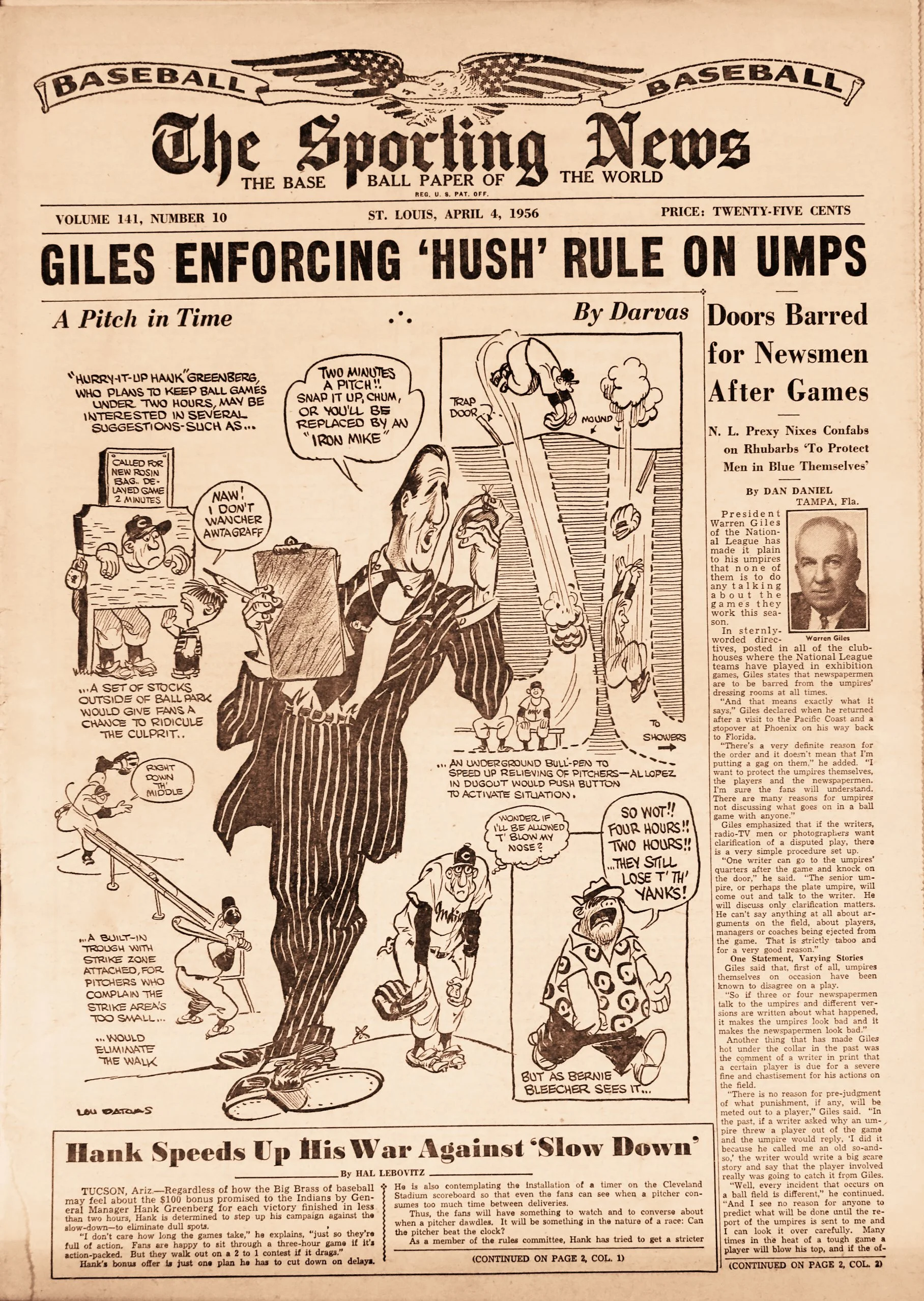 A vintage newspaper front page titled 'The Sporting News' from April 4, 1956, featuring a comic strip about baseball players and humor, with black and white illustrations and text.