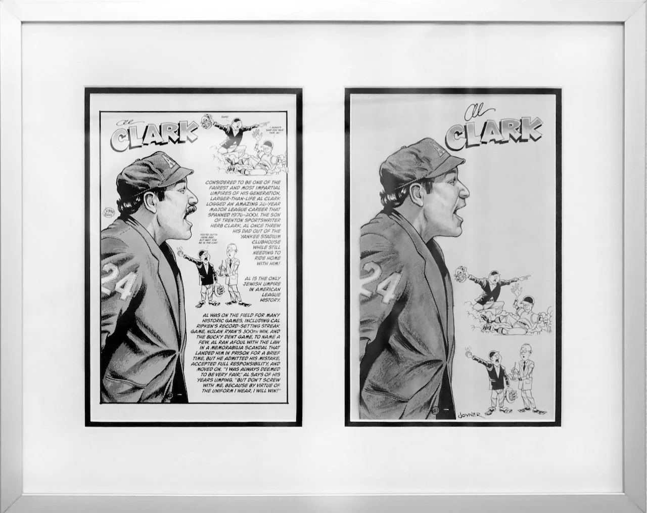 Framed black and white illustration of Al Clark, a baseball player, with comic-style drawings and text on the left and enlarged profile of Al Clark on the right. The left side includes a detailed portrait of Clark in uniform, humorous sketches, and a biography describing his accomplishments and reputation in baseball.