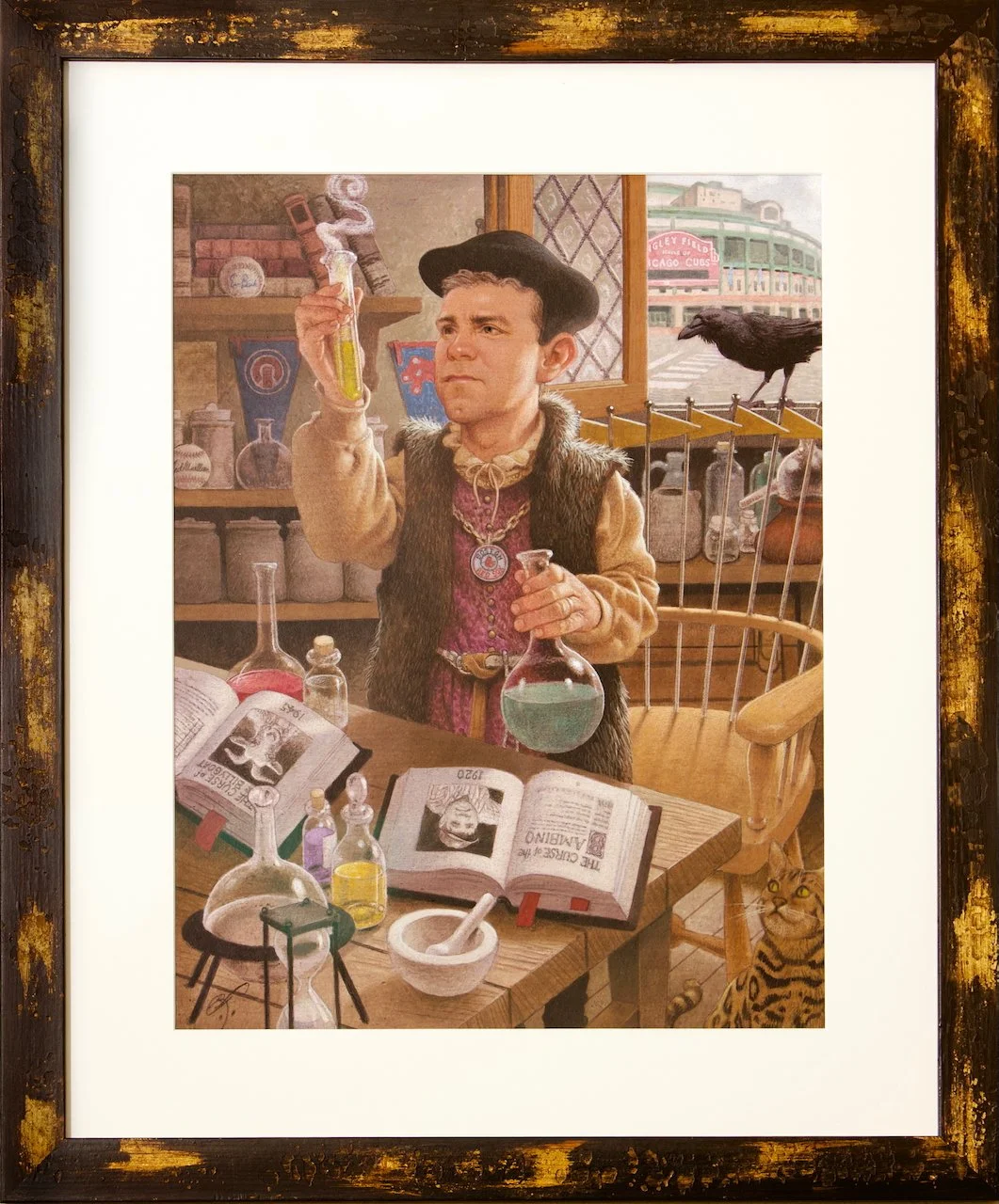 A man dressed as a wizard with a fur vest and a hat, examining a test tube with glowing green substance in a cluttered alchemy lab. The lab has books, potions, a mortar and pestle, and a black cat. A crow is perched on a rack outside the window.