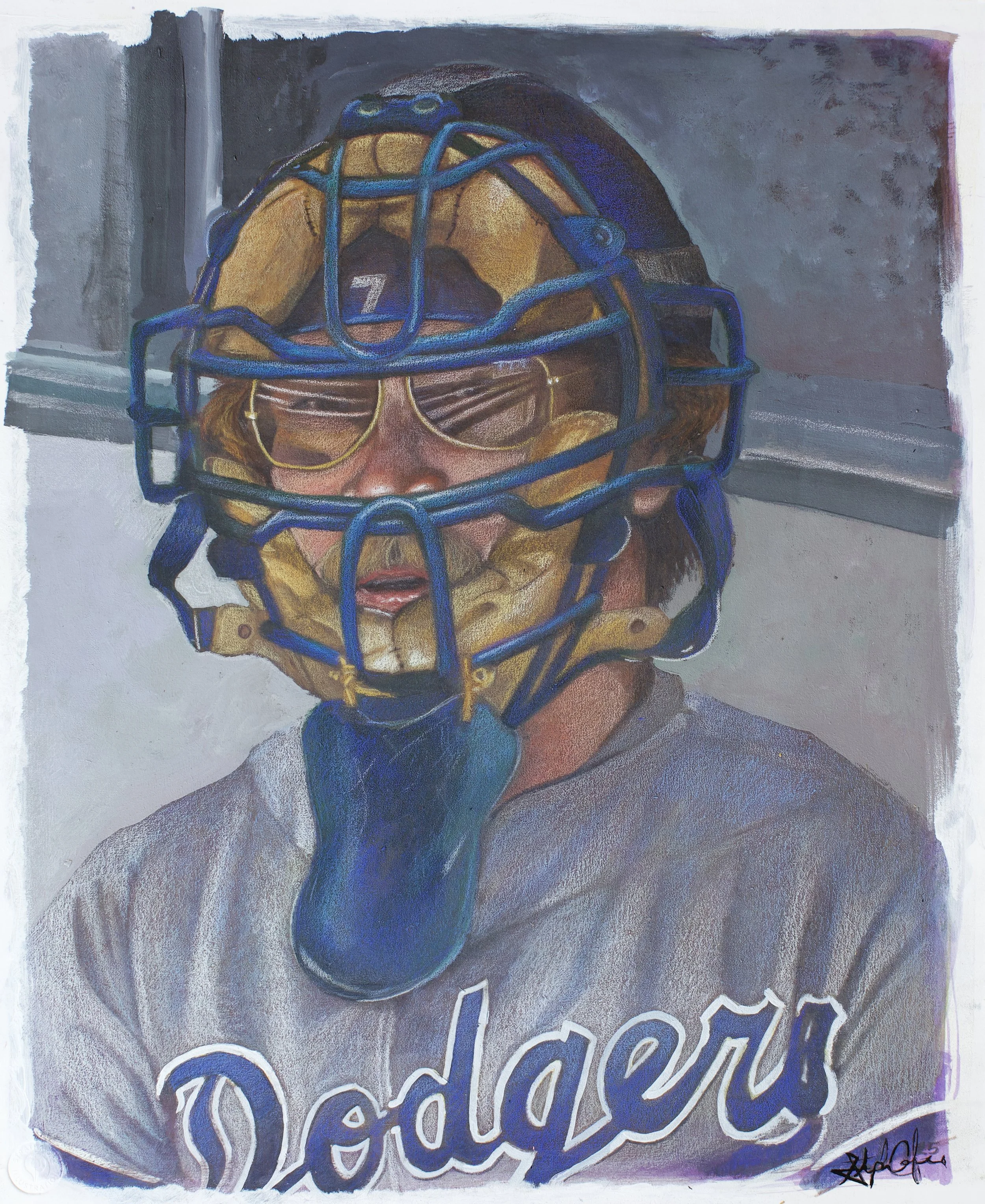 Artwork of a close-up of a person wearing a yellow goalie helmet with blue face cage, sunglasses, and a dark shirt with partially visible white and blue text.