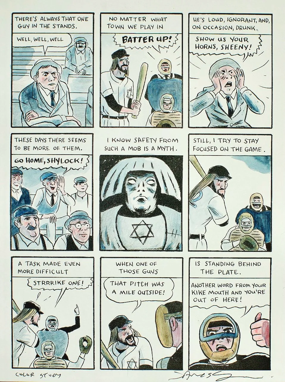 Comic strip about baseball game; players and spectators, some with humorous commentary and costumes, including one with a Star of David.