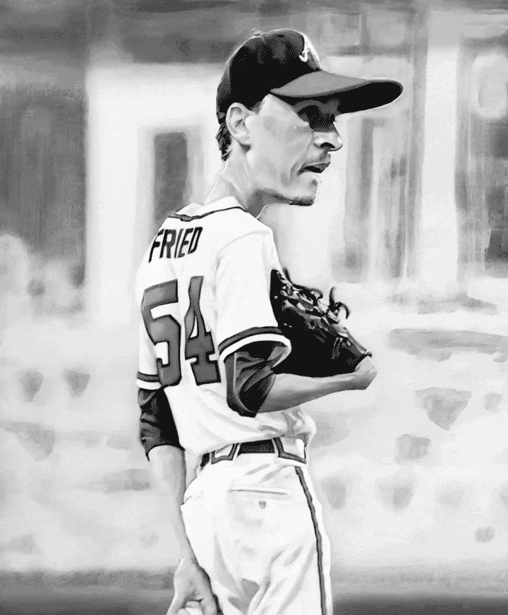 Black-and-white illustration of Atlanta Braves pitcher Max Fried, number 54, looking over his shoulder with a glove.