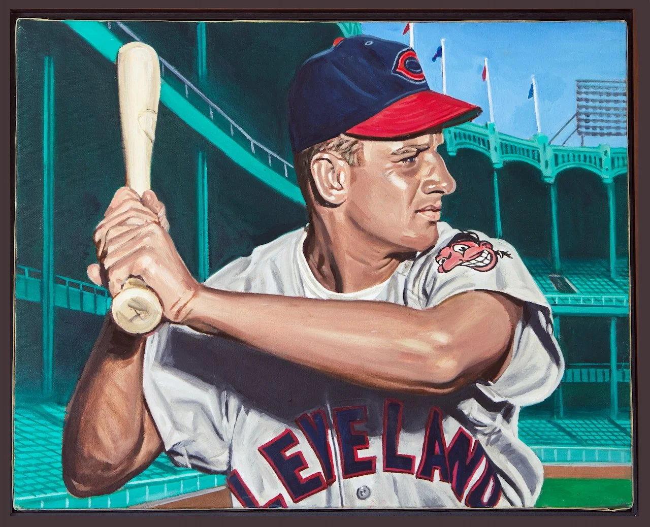 A painting of a man in a Cleveland baseball uniform holding a baseball bat, wearing a Cleveland cap, with a baseball stadium in the background.