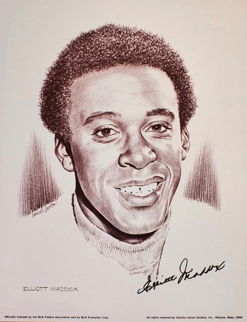 Detailed pencil drawing of Elliott Maddux, smiling, signed by Charles Linnett Studios.