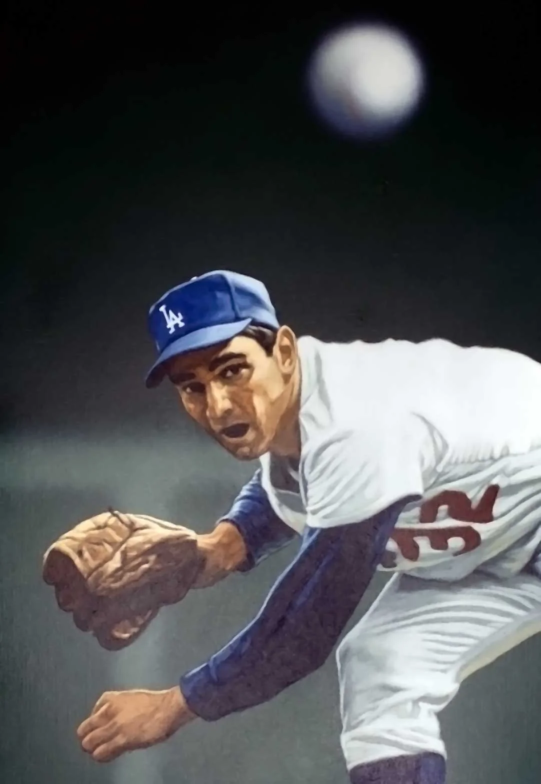 Vintage style painting of a baseball player in uniform with a blue cap, crouching with a glove, in front of a dark background with a moon.