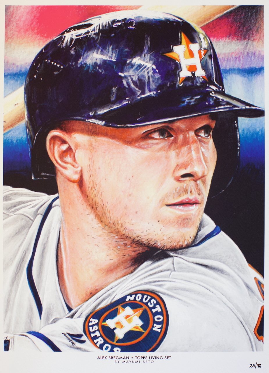 A painting of a baseball player in a Houston Astros uniform and helmet, looking to the side.